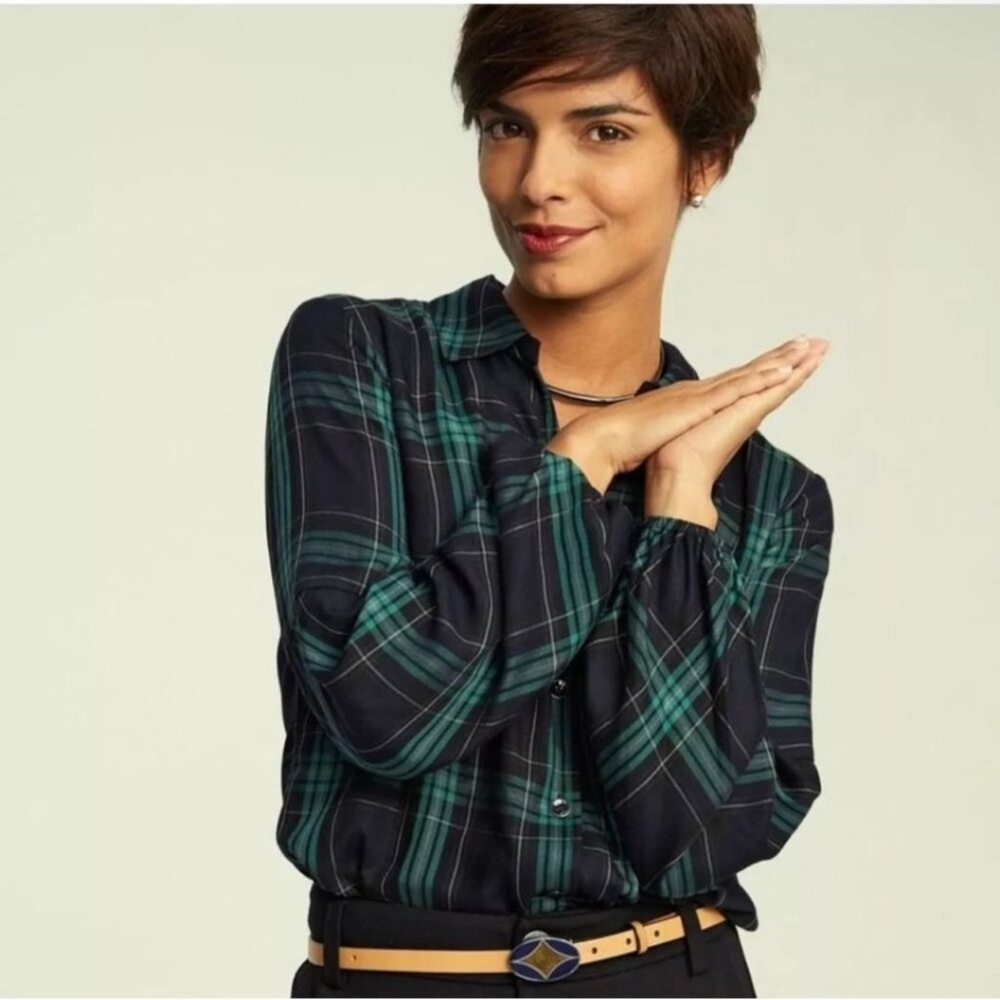 CAbi #3769 The Big Sur Green Plaid Flannel Button Down Navy